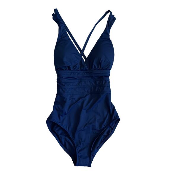 La Blanca Island Goddess Multi-Strap Cross-Back One Piece Indigo Size 4 - Picture 3 of 7